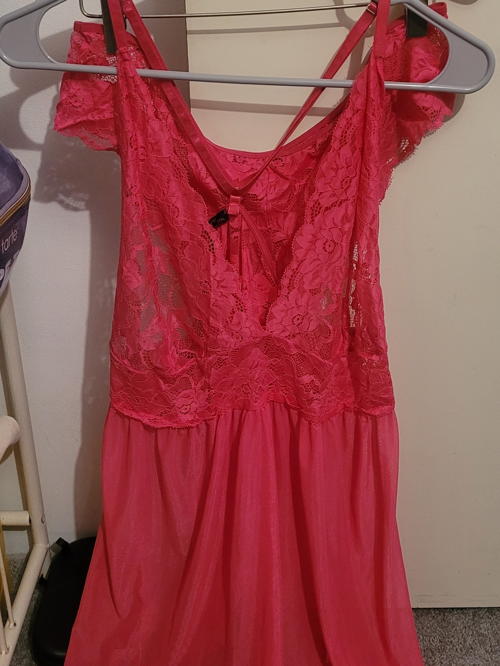 Lace & Mesh Chemise Nightgown in Vibrant Pink